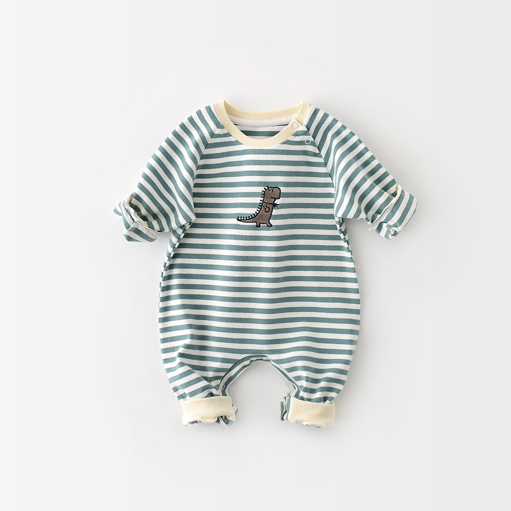 Baby Stripe Romper with Dinosaur Detail
