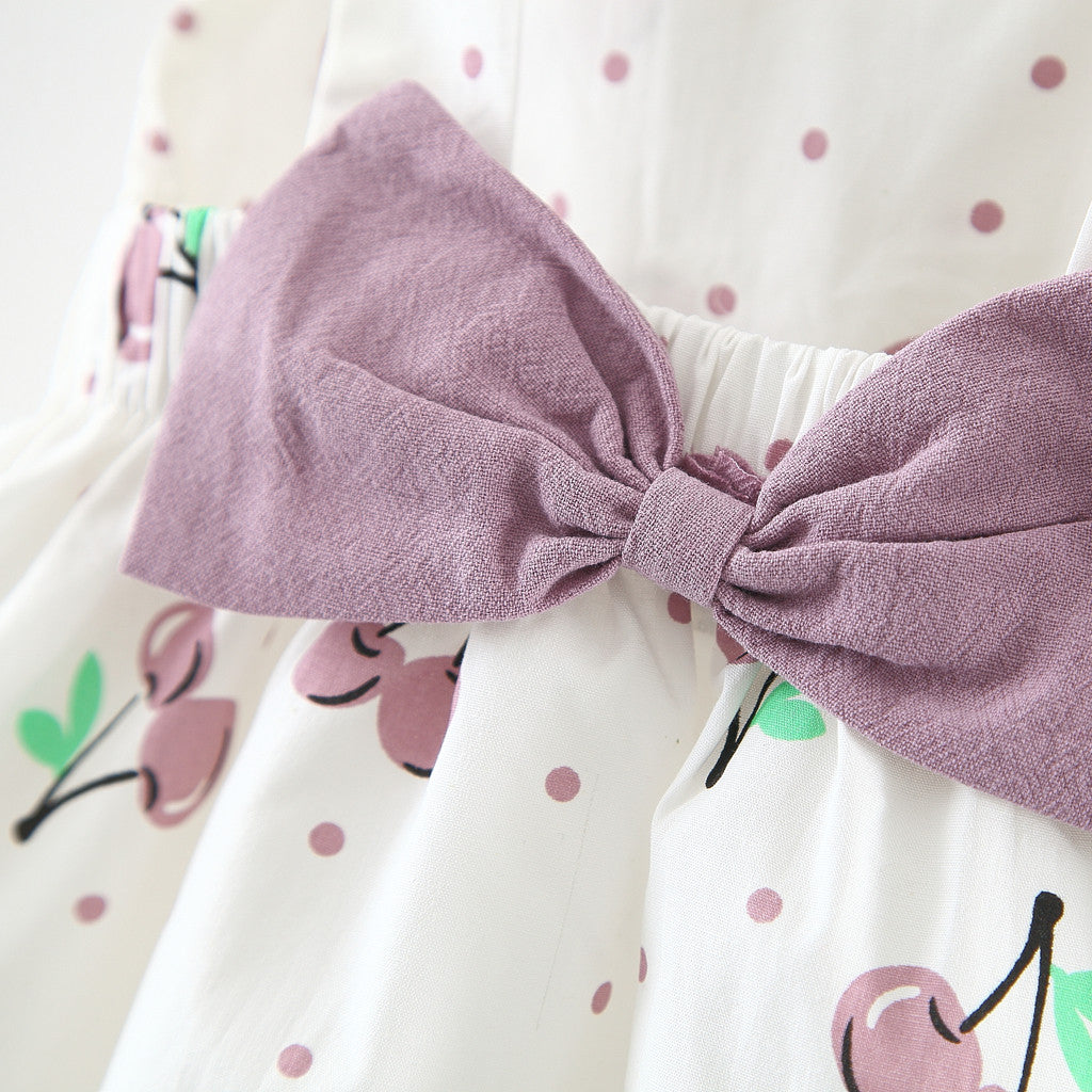 Girls Cherry Print Summer Dress With Bow Waist