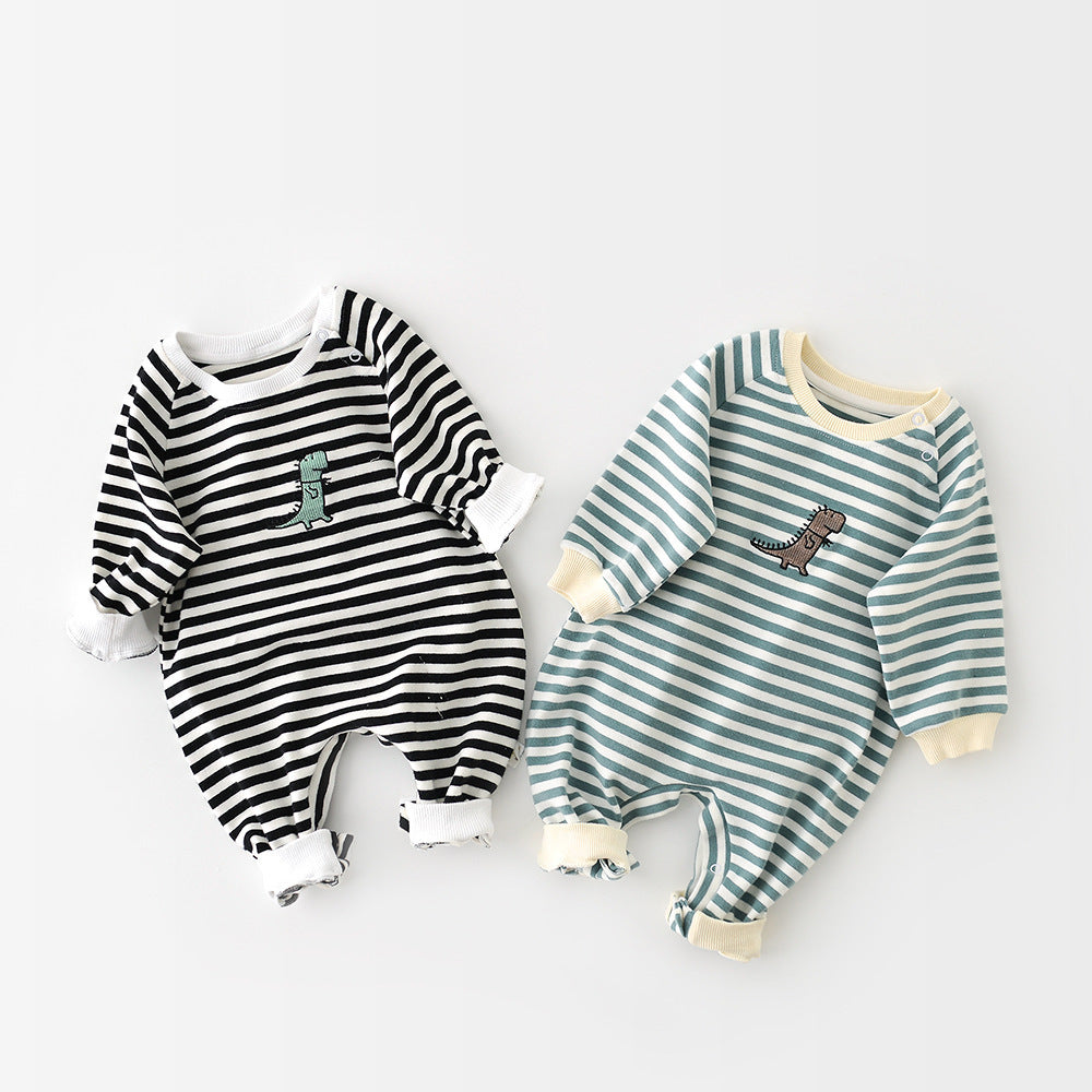 Baby Stripe Romper with Dinosaur Detail