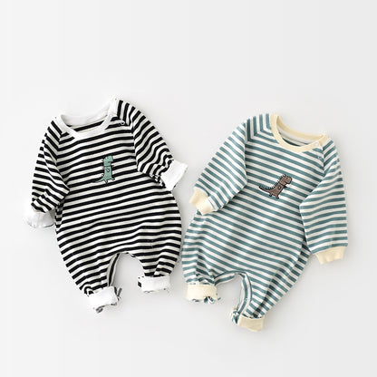Baby Stripe Romper with Dinosaur Detail