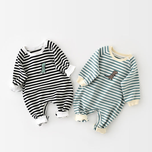 Baby Stripe Romper with Dinosaur Detail
