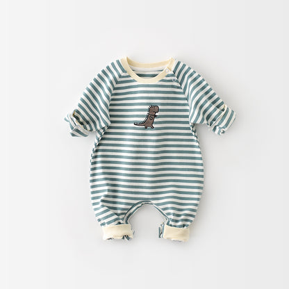 Baby Stripe Romper with Dinosaur Detail