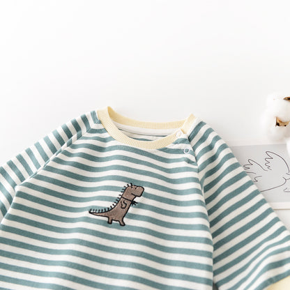 Baby Stripe Romper with Dinosaur Detail