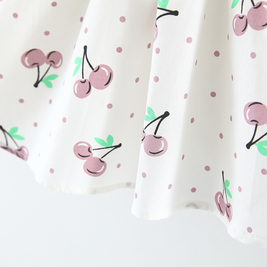 Girls Cherry Print Summer Dress With Bow Waist