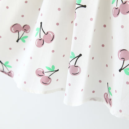 Girls Cherry Print Summer Dress With Bow Waist