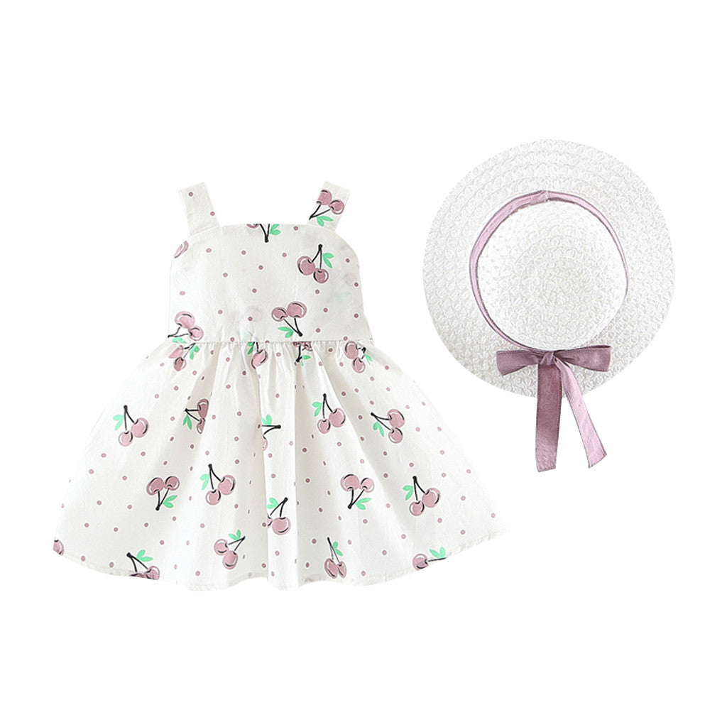 Girls Cherry Print Summer Dress With Bow Waist