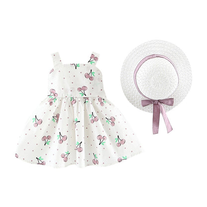 Girls Cherry Print Summer Dress With Bow Waist