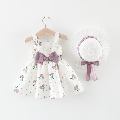 Girls Cherry Print Summer Dress With Bow Waist