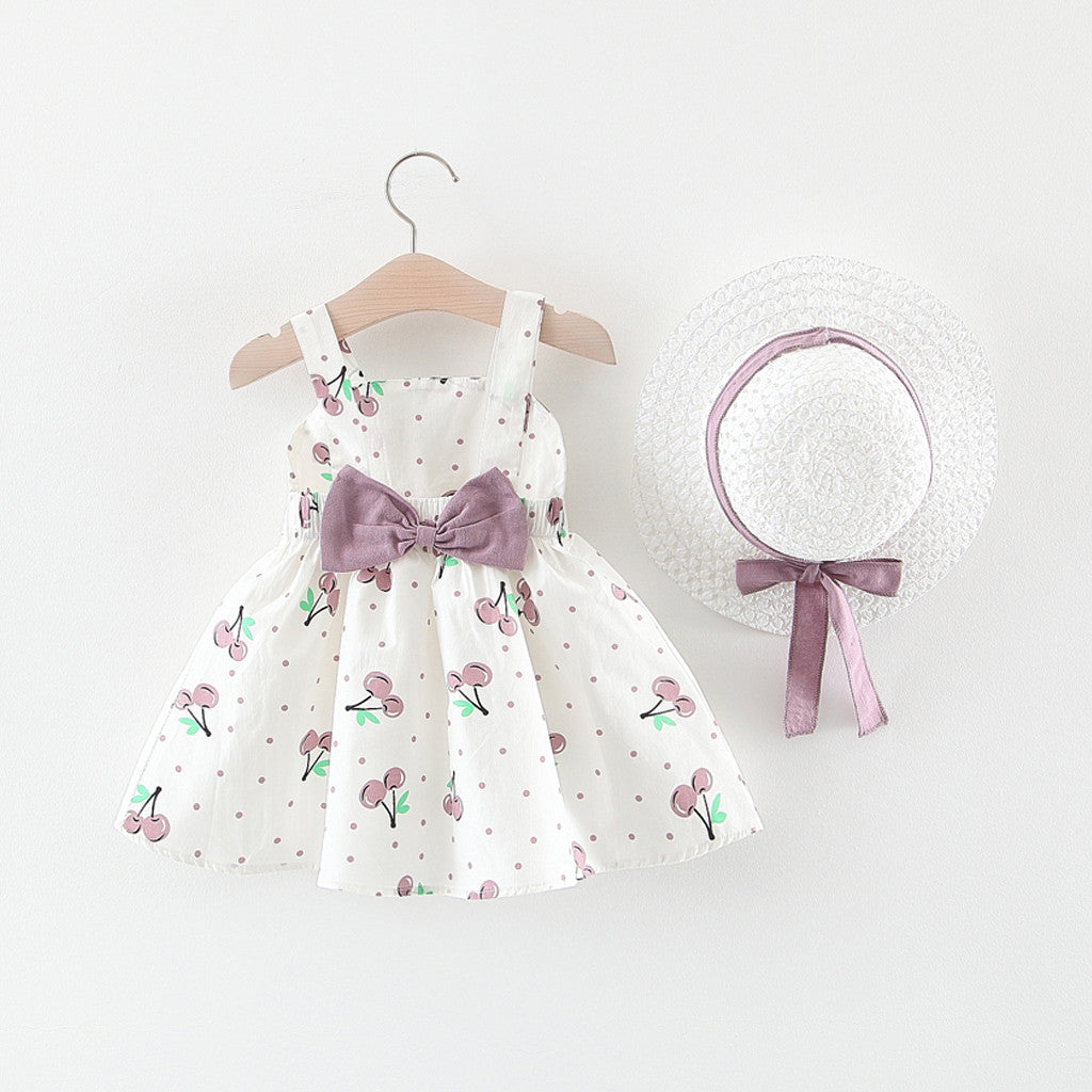 Girls Cherry Print Summer Dress With Bow Waist