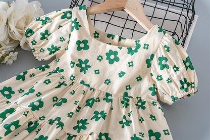 Girls’ Emerald Floral Puff-Sleeve Party Dress