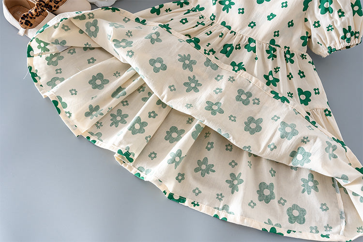 Girls’ Emerald Floral Puff-Sleeve Party Dress