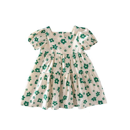 Girls’ Emerald Floral Puff-Sleeve Party Dress