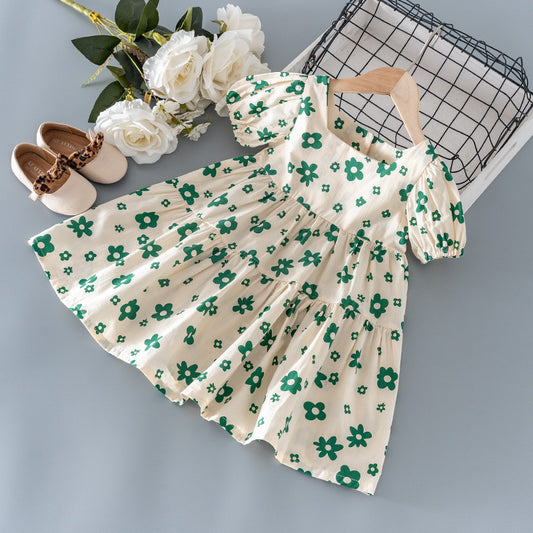 Girls’ Emerald Floral Puff-Sleeve Party Dress